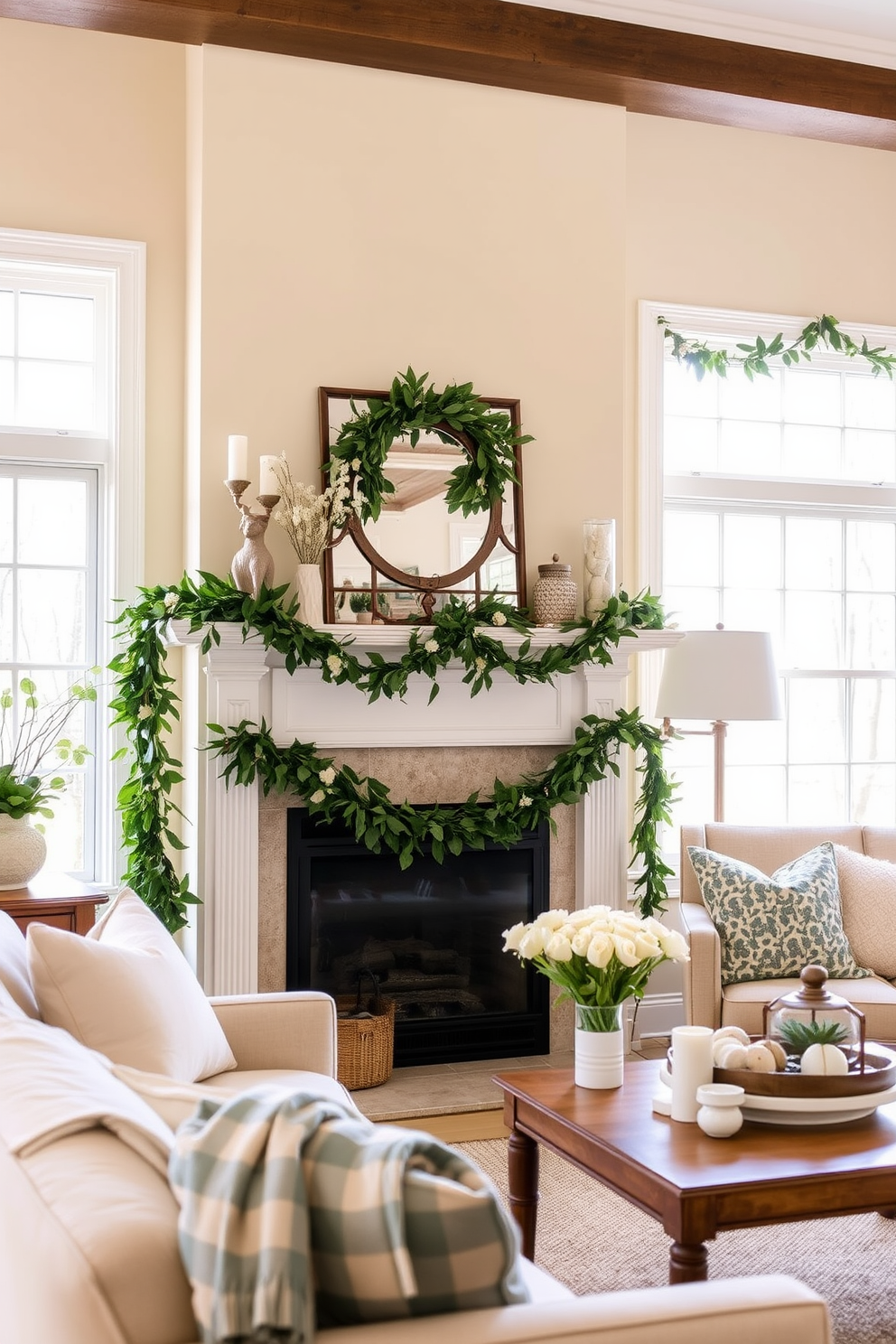 A cozy living room adorned with greenery garlands draped gracefully over the mantel. The room features a warm color palette with soft, inviting textures and seasonal decor that brings a fresh spring ambiance. The mantel is embellished with delicate flowers and charming decorative accents that enhance the natural beauty of the garlands. Natural light filters in through large windows, creating a bright and cheerful atmosphere perfect for spring gatherings.