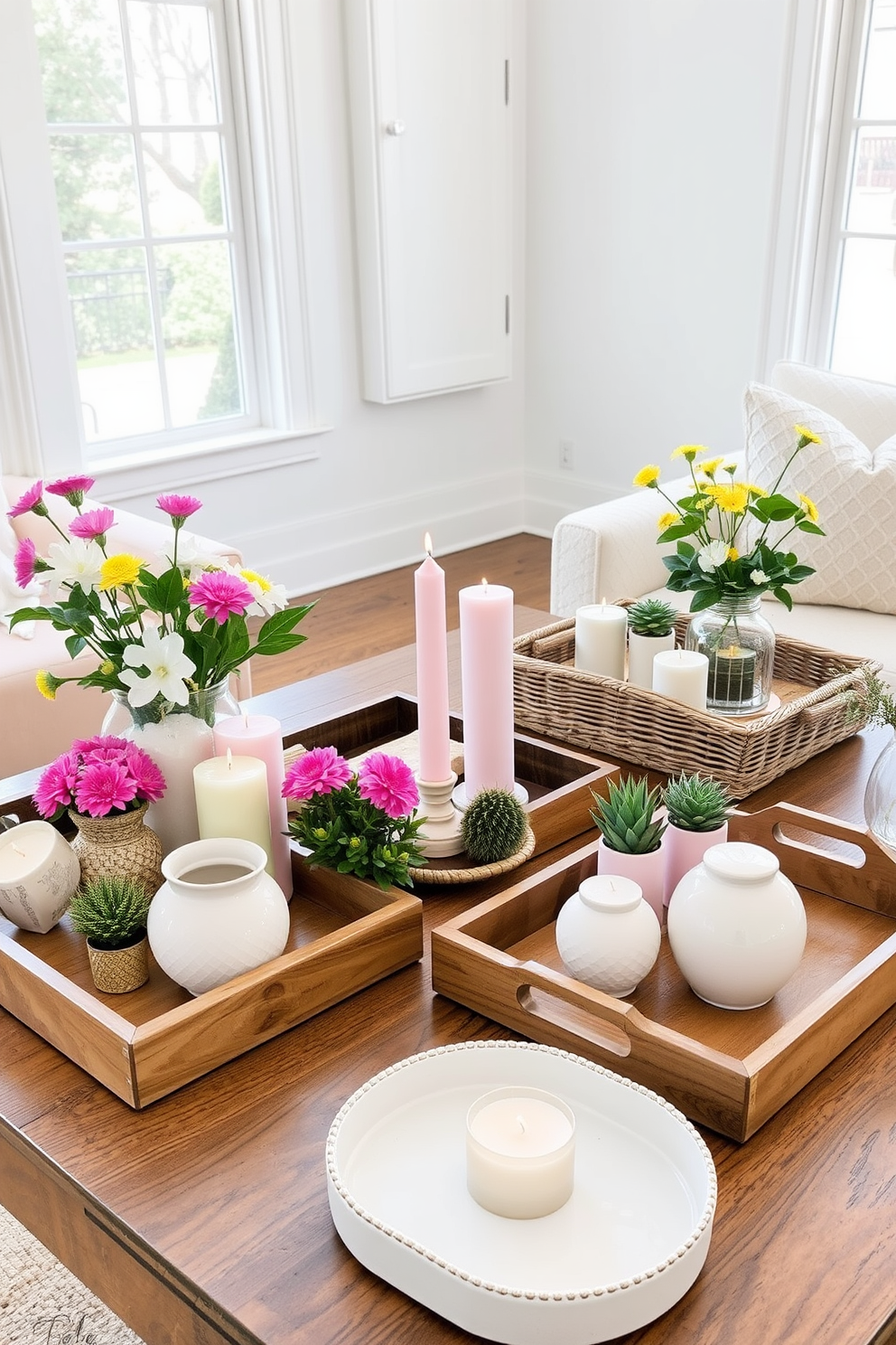 A collection of decorative trays arranged on a wooden coffee table. Each tray features vibrant spring essentials like fresh flowers, pastel-colored candles, and small potted plants. The trays are styled with a mix of textures, including woven baskets and glossy ceramics. Soft natural light filters through nearby windows, enhancing the cheerful spring ambiance.