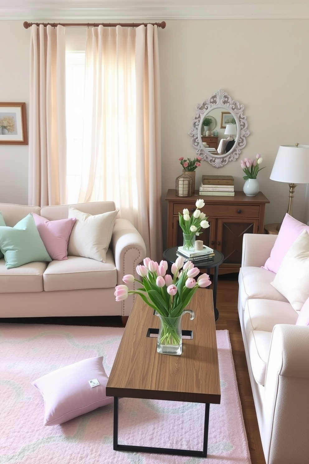 A cozy living room adorned with pastel-colored throw pillows scattered across a pair of plush sofas. The soft hues of pink, mint green, and lavender create a cheerful atmosphere, complemented by light, airy curtains that flutter gently in the breeze. Fresh spring decor accents the space, featuring a vase filled with blooming tulips on the coffee table. A pastel-colored area rug ties the room together, adding warmth and inviting comfort to the seasonal theme.