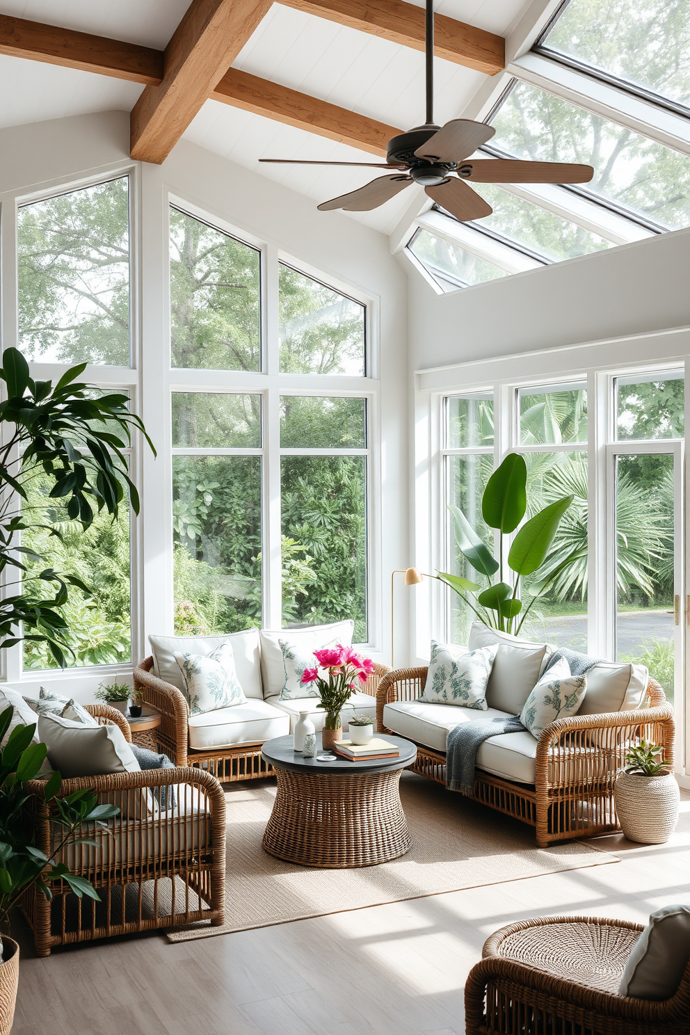 A light and airy living space that brings the outdoors inside. Large windows allow natural light to flood the room, showcasing soft pastel colors and botanical prints. The furniture is arranged to create a cozy yet open atmosphere. Natural materials like rattan and linen are used throughout, complemented by lush green plants and fresh flowers.