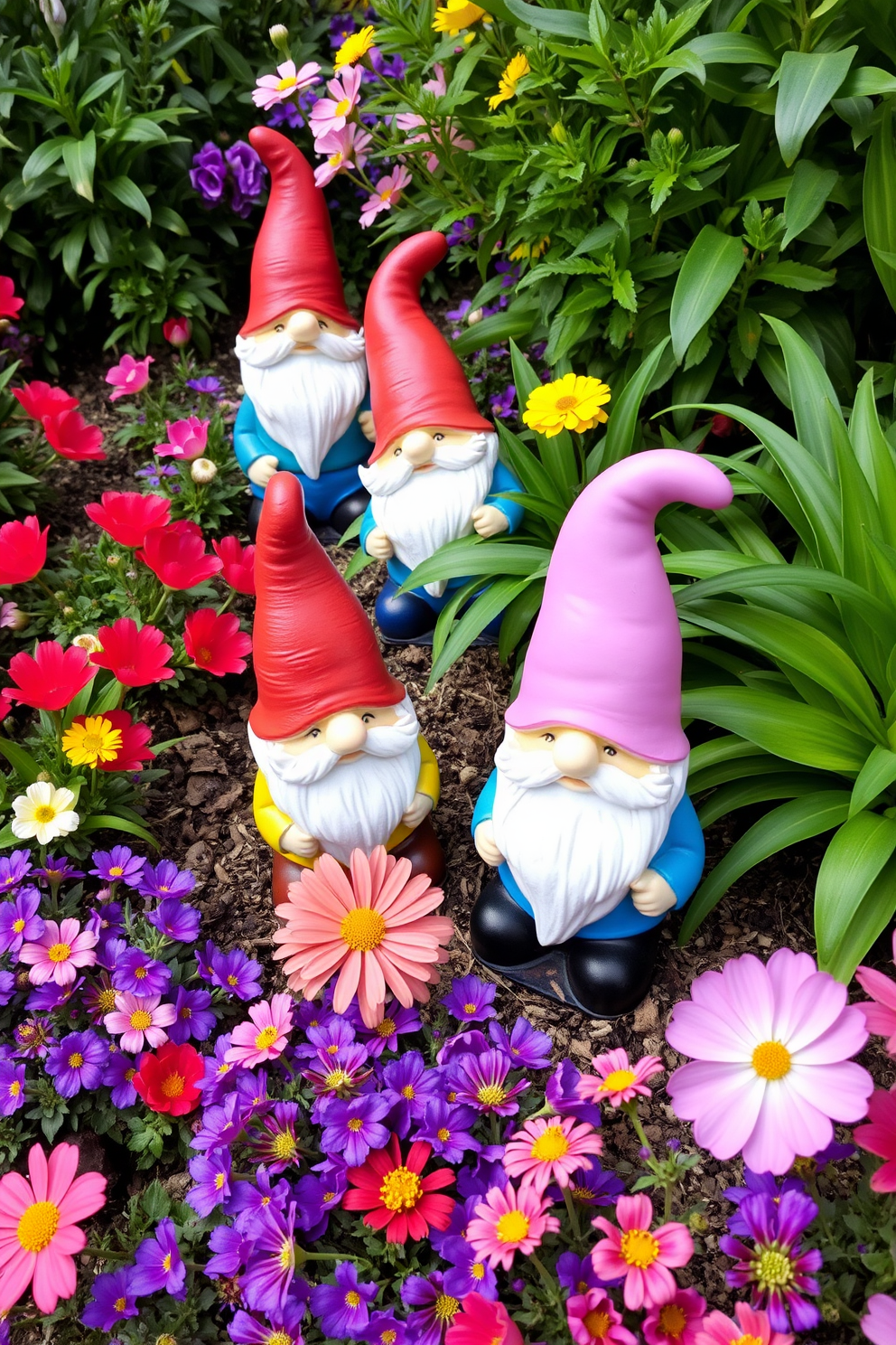 Whimsical garden gnomes are playfully placed among vibrant flower beds and lush greenery. These charming accents bring a touch of fantasy and fun to the outdoor space, complementing the cheerful colors of spring blooms.