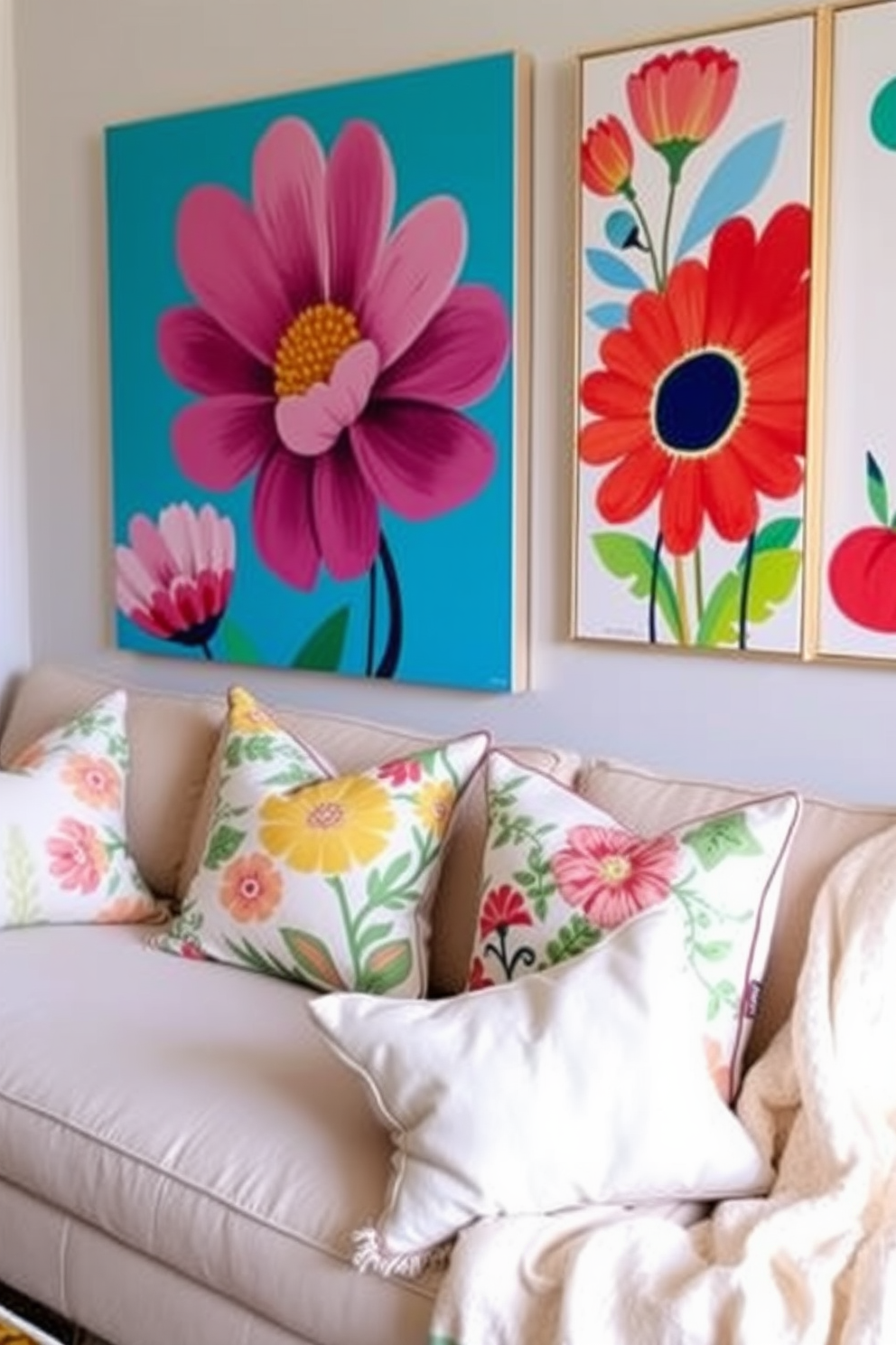 Bright artwork for a cheerful atmosphere. Large colorful paintings adorn the walls, featuring vibrant floral designs and abstract shapes that bring energy to the space. Spring decorating ideas include light pastel colors and fresh greenery. Decorative pillows with floral patterns and a soft, airy throw blanket add a cozy touch to the seating area.