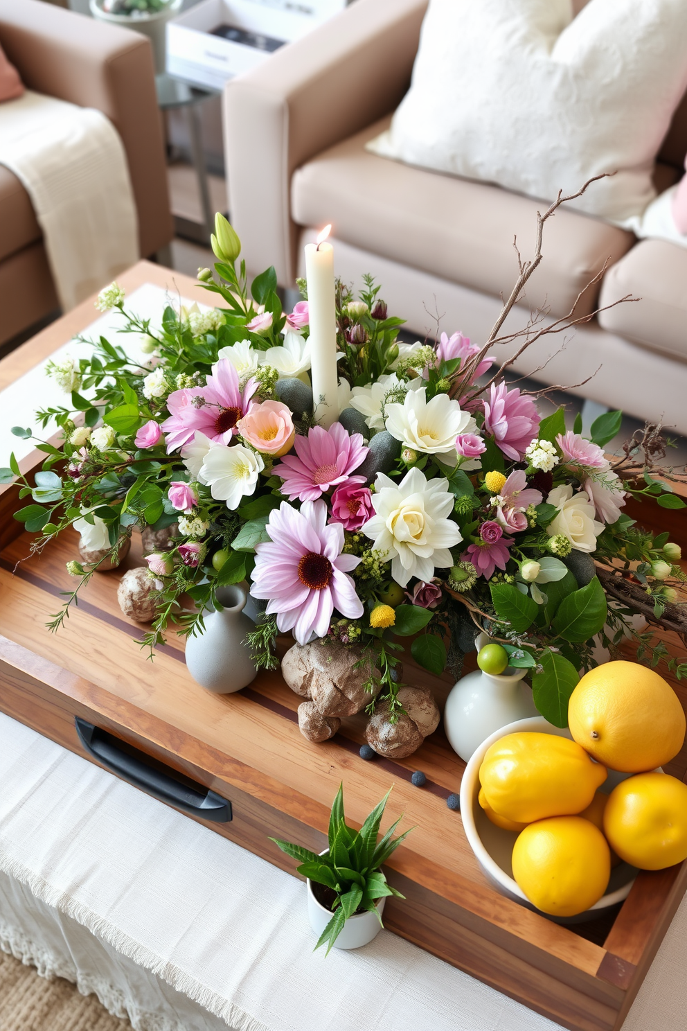 A nature-inspired coffee table centerpiece featuring a large wooden tray filled with an assortment of fresh flowers, greenery, and natural elements like stones and twigs. The arrangement is complemented by soft, neutral-colored linens and a few carefully placed candles to create a warm and inviting atmosphere. For spring decorating ideas, incorporate pastel-colored vases and decorative bowls filled with seasonal fruits like lemons and limes. Layer the table with a light table runner and add small potted plants for a refreshing touch that celebrates the beauty of the season.