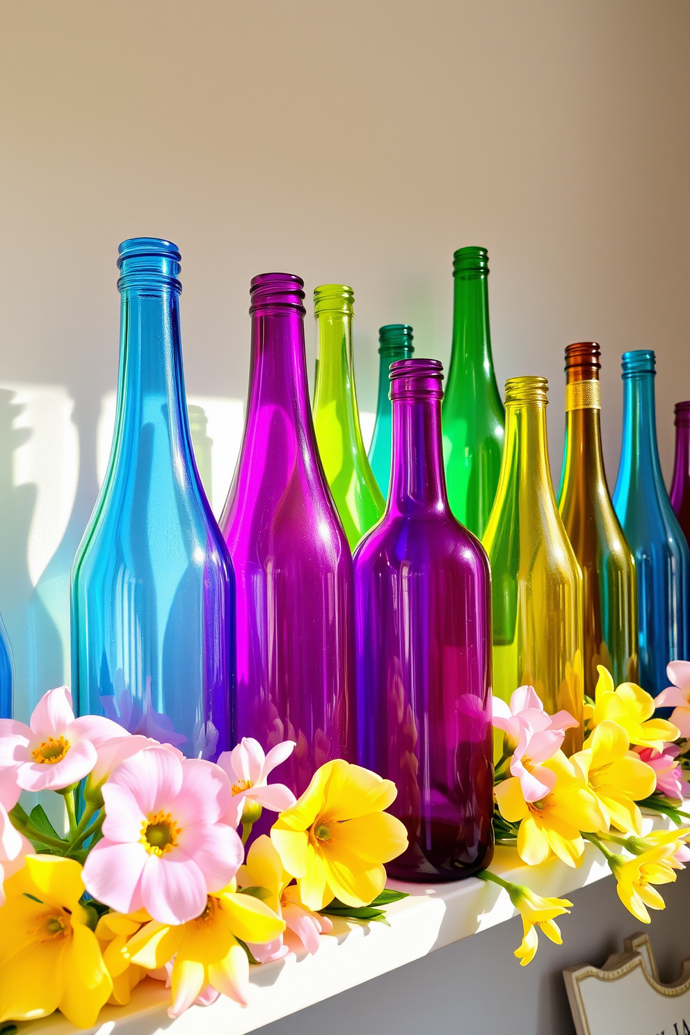 Colorful glass bottles of varying shapes and sizes are arranged artfully on a shelf, reflecting sunlight and creating a vibrant display. Surrounding the bottles are fresh spring flowers in pastel hues, adding a touch of nature and warmth to the decor.