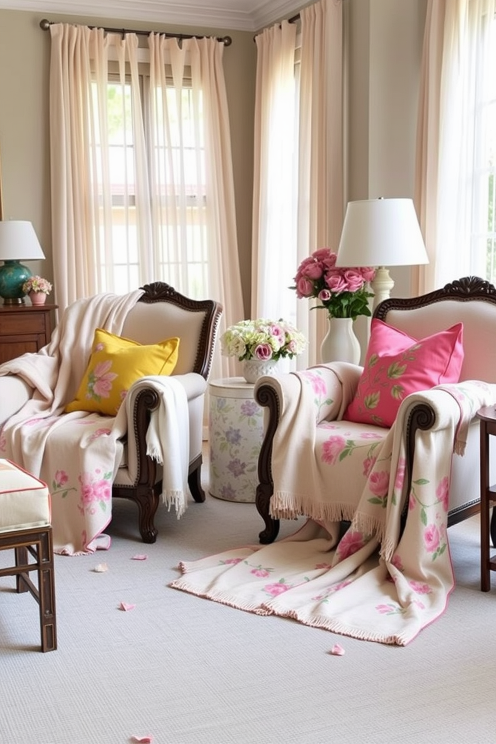 A cozy living room adorned with spring-themed throw blankets draped over elegant armchairs. The blankets feature floral patterns in soft pastels, adding a fresh and vibrant touch to the space. Brightly colored cushions complement the throw blankets, enhancing the cheerful ambiance of the room. A light, airy atmosphere is created by sheer curtains that allow natural light to flood in.