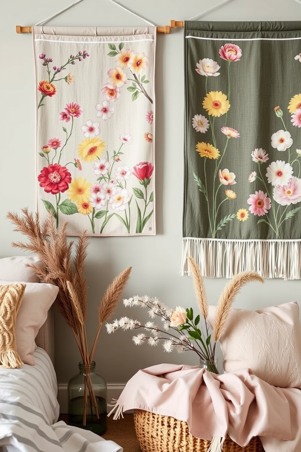 Seasonal prints adorn the wall hangings, featuring vibrant florals and pastel colors that evoke the essence of spring. The decor is complemented by soft, airy fabrics and natural elements, creating a fresh and inviting atmosphere.