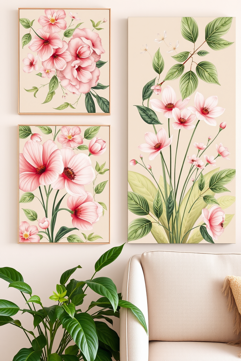 Nature inspired wall art featuring vibrant floral patterns and soft pastel colors. The artwork captures the essence of spring with delicate blossoms and lush greenery, creating a refreshing atmosphere. Incorporate natural elements into your decor with fresh flowers and leafy plants. Use light fabrics and airy textures to enhance the spring vibes throughout the space.