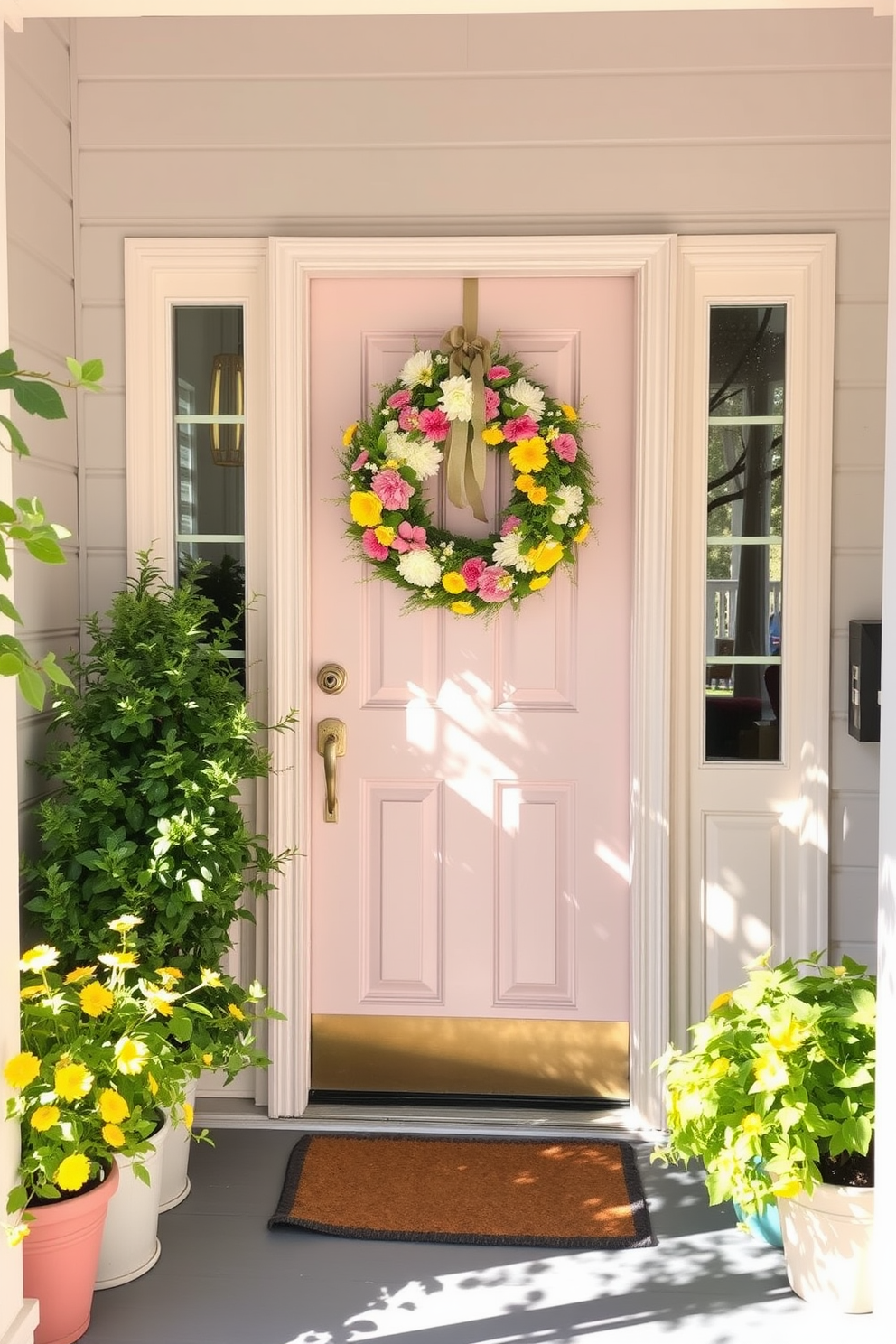 A charming front door adorned with a vibrant seasonal wreath made of fresh flowers and greenery. The door is painted a soft pastel color, welcoming the cheerful vibes of spring with a touch of elegance. Flanking the door are potted plants in coordinating colors, adding a lively touch to the entryway. Soft sunlight filters through the leaves, casting playful shadows on the porch, creating an inviting atmosphere.