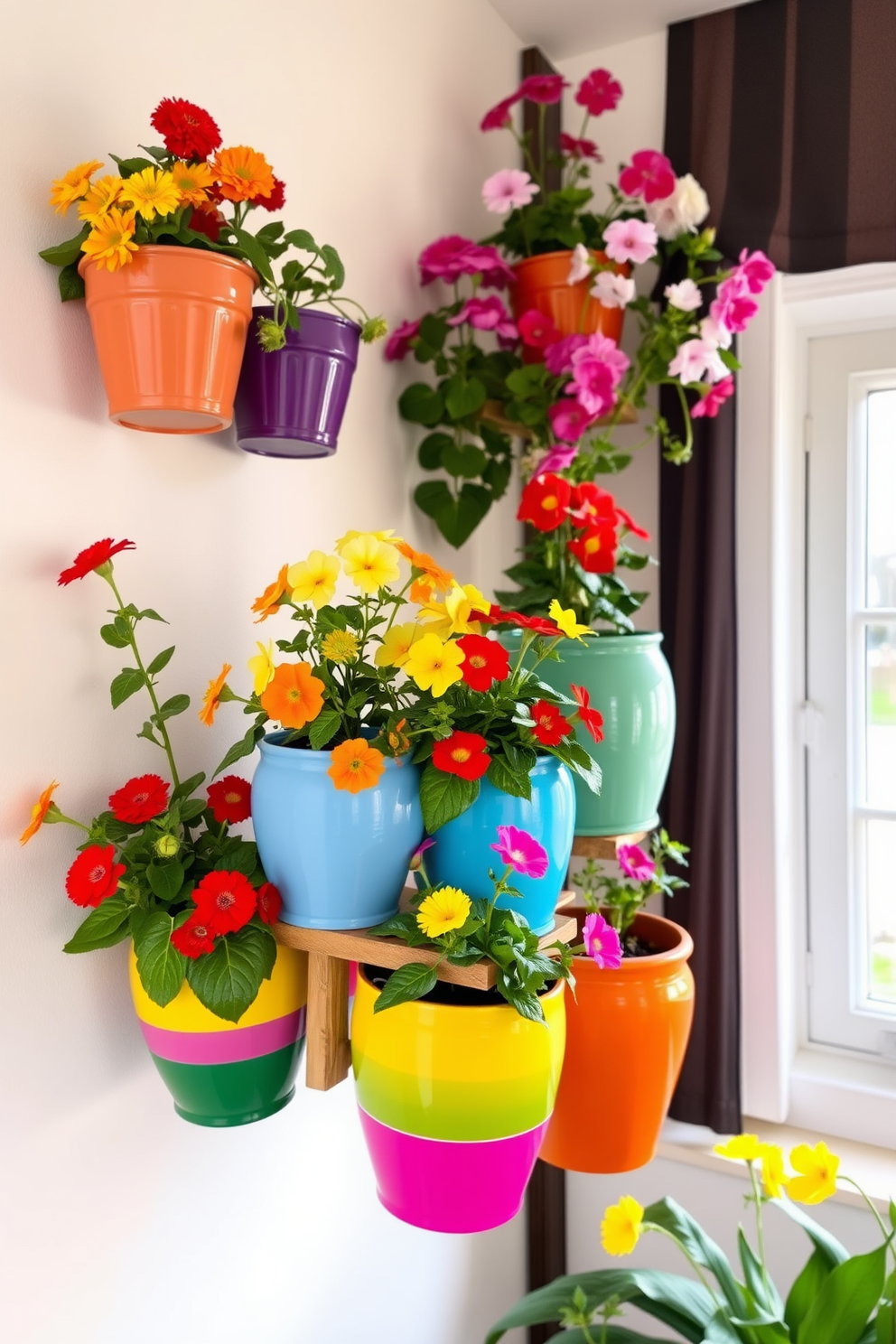 Colorful ceramic pots filled with vibrant indoor plants create a lively atmosphere. The pots are arranged on a wooden shelf against a light-colored wall, showcasing a variety of shapes and sizes. Brightly colored flowers spill over the edges of the pots, adding a touch of nature to the space. Soft natural light filters in through a nearby window, enhancing the cheerful ambiance of the spring decor.