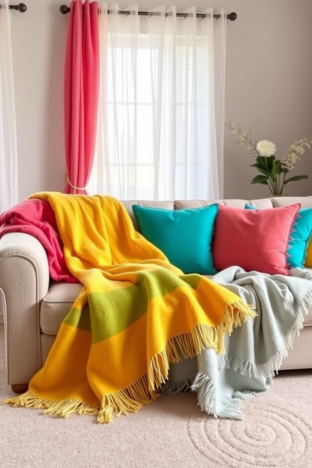 A cozy living room adorned with soft throw blankets in cheerful hues. The blankets are draped over a plush sofa, inviting warmth and comfort into the space. Brightly colored cushions complement the throw blankets, adding a playful touch to the decor. A light and airy atmosphere is created by sheer curtains that flutter gently in the breeze.