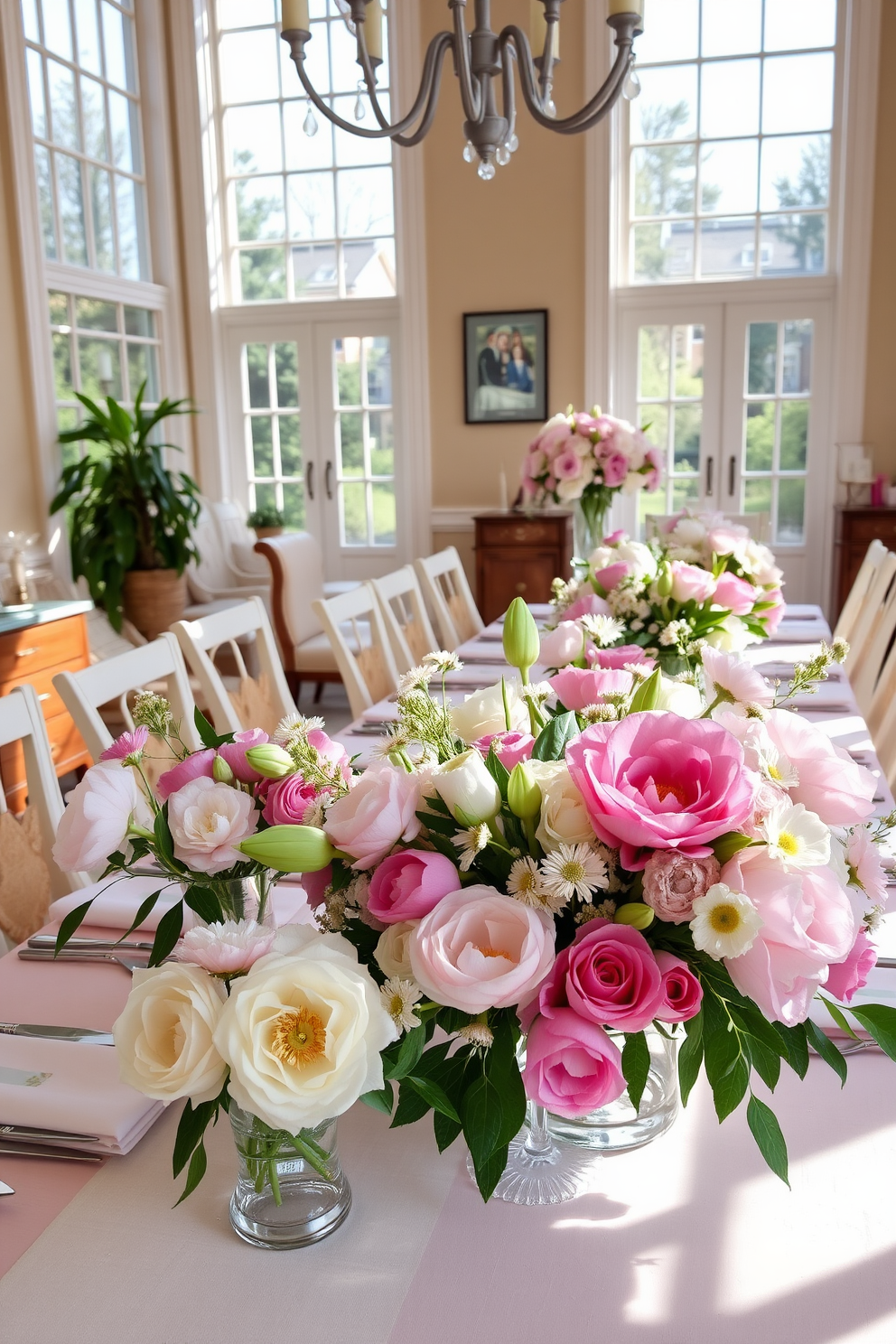 Bright floral centerpieces in pastel colors create a vibrant and inviting atmosphere in the dining room. The table is adorned with delicate arrangements of peonies, tulips, and daisies, complemented by soft greenery and elegant tableware. Sunlight streams through large windows, enhancing the cheerful ambiance of the space. Light-colored chairs surround the table, and a pastel tablecloth adds a touch of warmth to the decor.