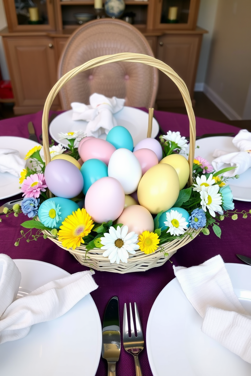 A whimsical egg display centerpiece sits at the center of the dining table. The eggs are painted in pastel colors and arranged in a decorative basket surrounded by fresh flowers and greenery.