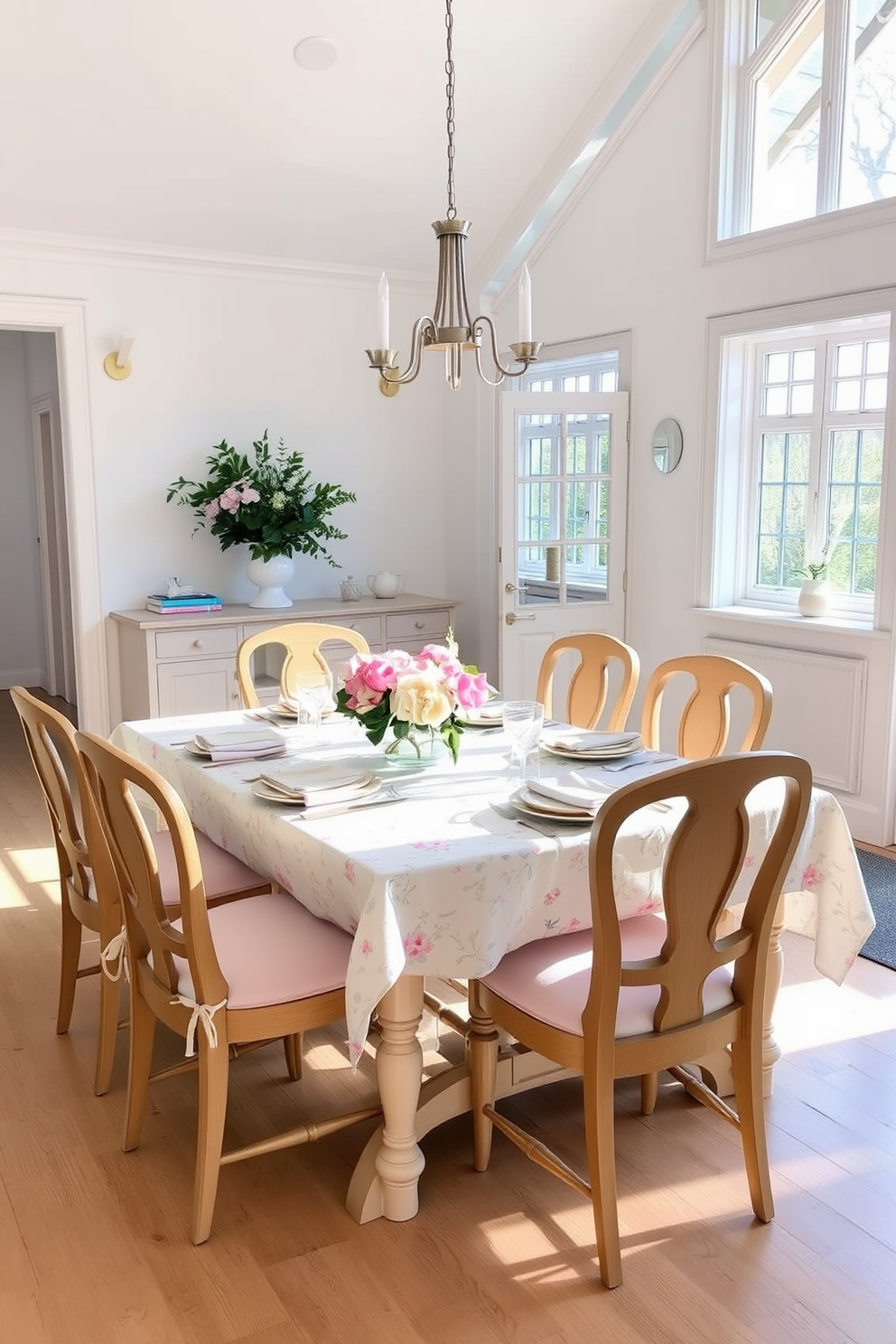 A bright and airy dining room filled with natural light. The table is set for a spring gathering, adorned with a floral tablecloth and soft pastel cushions on the chairs. Delicate centerpieces of fresh flowers in pastel hues enhance the cheerful atmosphere. Light wood accents and a soft color palette create a warm and inviting space for family and friends.