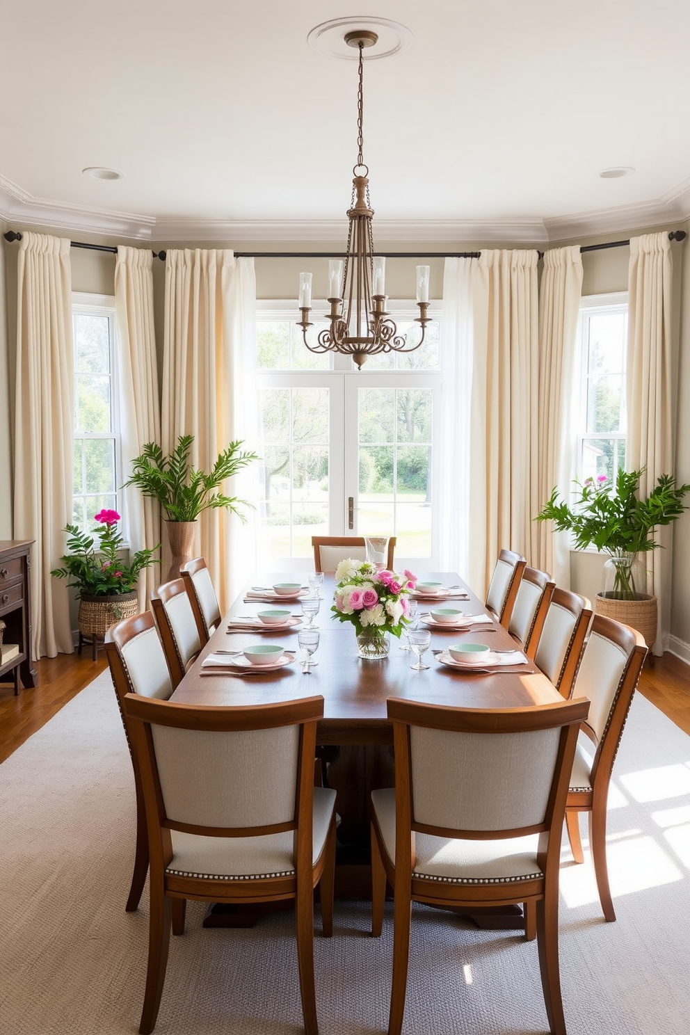 A bright and inviting dining room featuring a large wooden table surrounded by upholstered chairs. Light and airy curtains frame the windows, allowing natural light to flood the space and enhance the cheerful atmosphere. The walls are painted in a soft pastel color, complemented by fresh floral centerpieces on the table. Accents of greenery and vibrant decor elements create a lively spring ambiance, perfect for gatherings and celebrations.