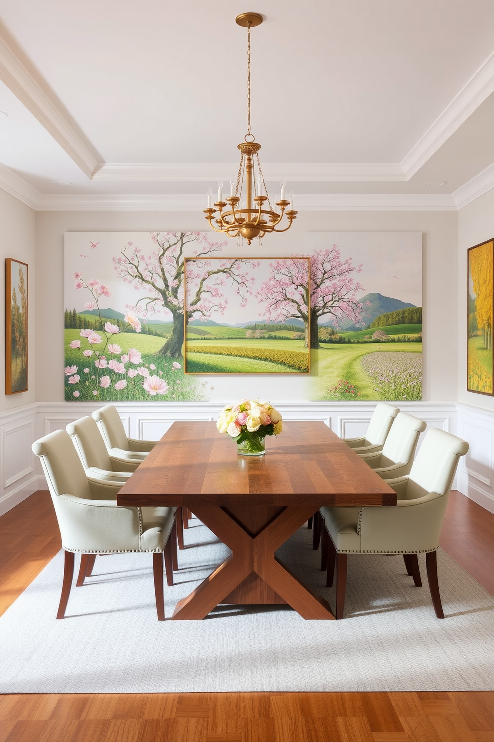 A bright and airy dining room features a large wooden table surrounded by upholstered chairs in soft pastel colors. Seasonal artwork depicting blooming flowers and vibrant landscapes adorns the walls, creating a refreshing spring atmosphere.