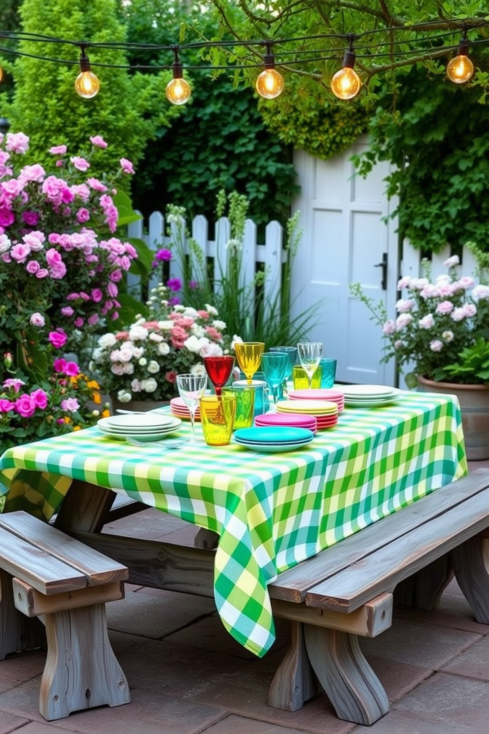 A charming outdoor dining area is set up with a picnic-style table adorned with a vibrant checkered tablecloth. Surrounding the table are rustic wooden benches, and the scene is framed by blooming flowers and lush greenery. On the table, an assortment of colorful dishes and glassware adds a cheerful touch to the setting. Soft, ambient lighting from hanging string lights creates a warm and inviting atmosphere for a spring gathering.