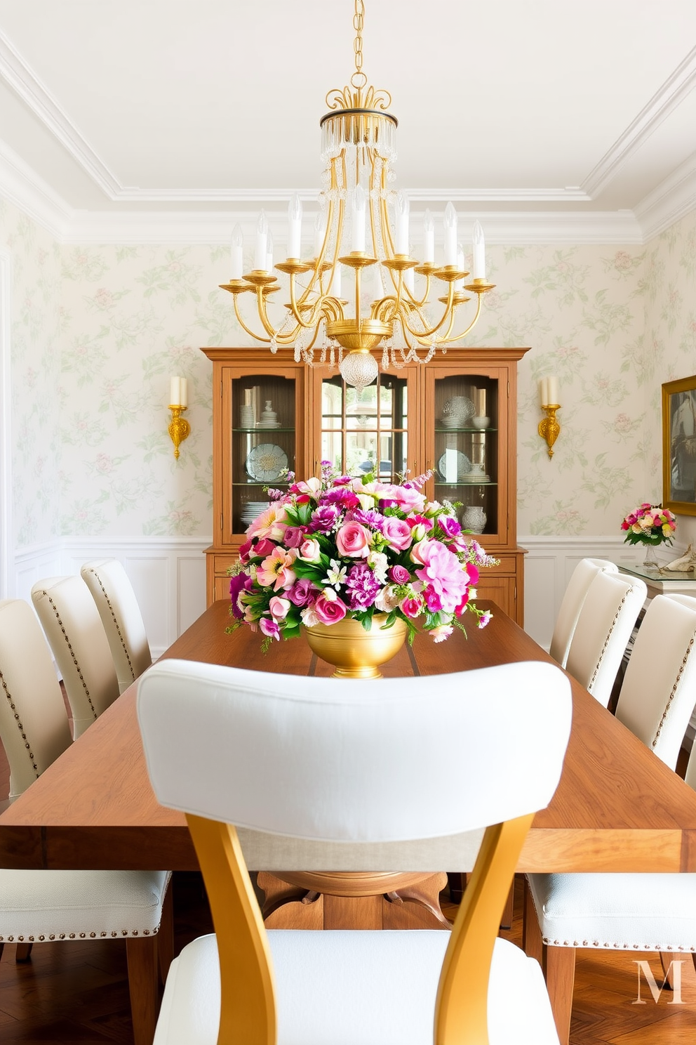 A bright and airy dining room featuring a large wooden table surrounded by upholstered chairs in soft pastel colors. Gold accents are incorporated through elegant candle holders and a stunning chandelier that hangs above the table, enhancing the spring ambiance. The walls are adorned with light floral wallpaper, creating a fresh and inviting atmosphere. A centerpiece of vibrant spring flowers in a gold vase adds a pop of color and elegance to the table setting.