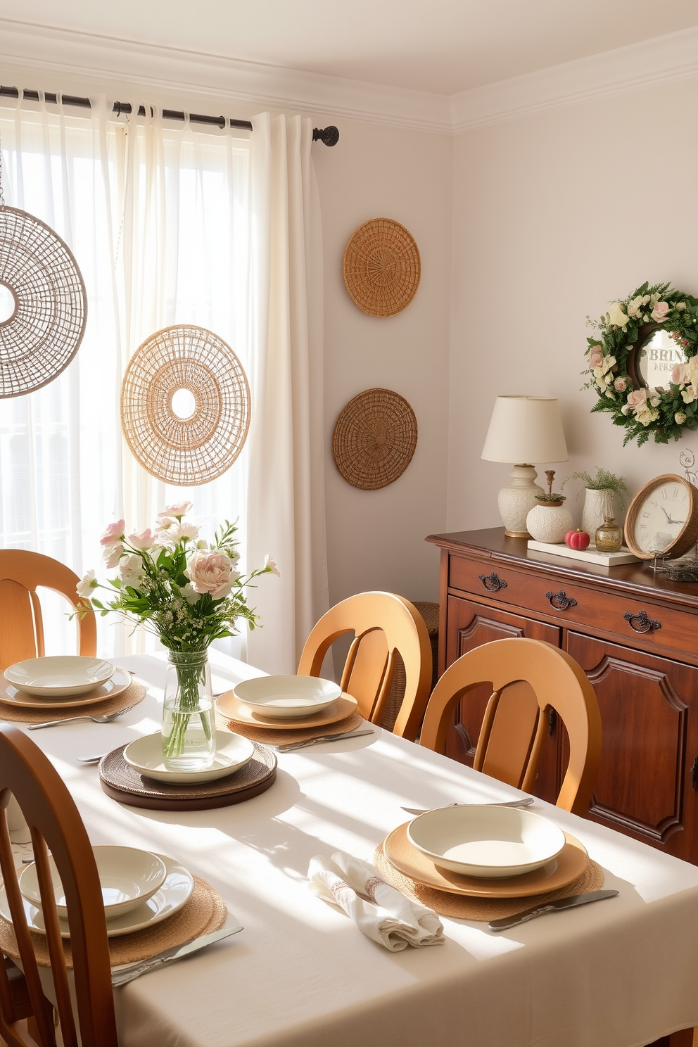 A charming dining room setting adorned with woven baskets that add a rustic touch. The table is set with pastel-colored dishes and fresh flowers in a simple vase, creating a warm and inviting atmosphere. Soft natural light filters through sheer curtains, illuminating the space and enhancing the cozy feel. A wooden sideboard displays seasonal decorations, complementing the overall spring theme.