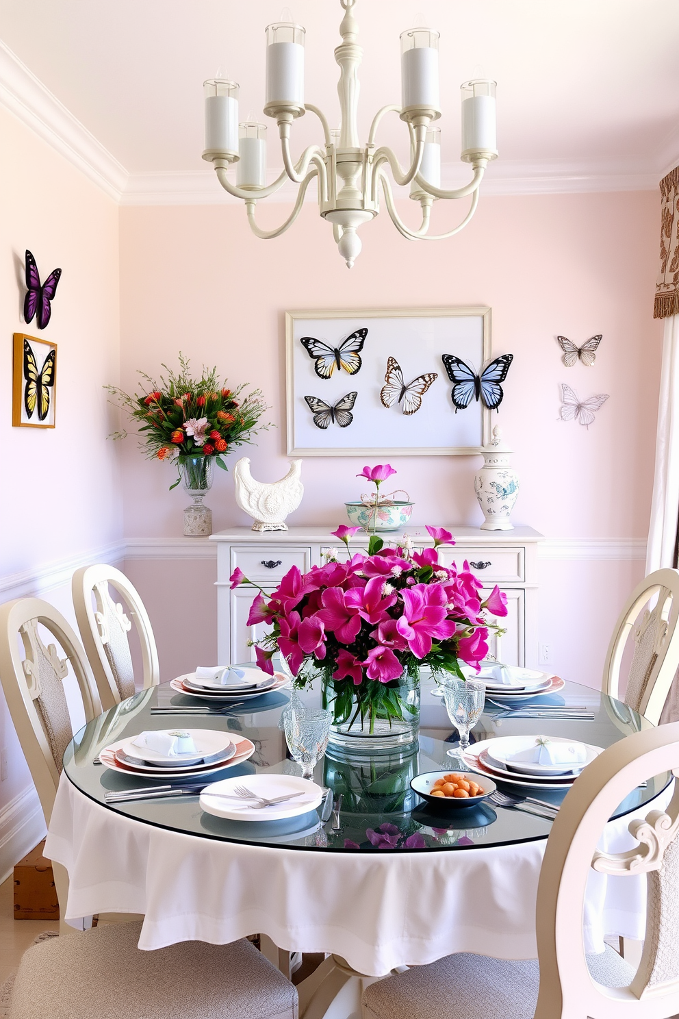 A bright and airy dining room adorned with butterfly motifs throughout the decor. The table is set with delicate butterfly-patterned tableware and a floral centerpiece featuring vibrant blooms that attract attention. The walls are painted in soft pastel colors, enhancing the spring theme and creating a refreshing atmosphere. Elegant butterfly wall art and decorative accents are strategically placed to tie the room's design together.