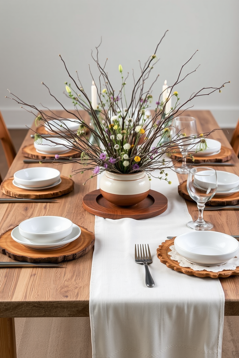 Create a nature-inspired tablescape featuring an elegant wooden table adorned with a soft linen tablecloth in a natural hue. Center the table with a beautiful arrangement of twigs and wildflowers in a rustic ceramic vase, complemented by handcrafted wooden chargers under each plate. Incorporate earthy tones with ceramic dishware and mismatched glassware to enhance the organic feel. Add flickering candlelight in simple glass holders to create a warm and inviting atmosphere for your Spring dining experience.