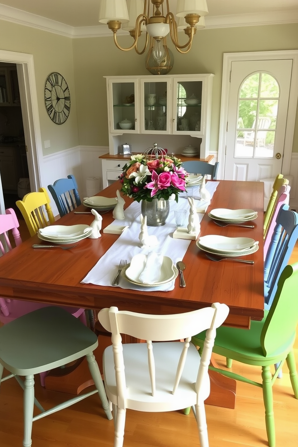 A bright and cheerful dining room features a large wooden table set for a spring gathering. Surrounding the table are mismatched chairs in pastel colors, creating a playful yet elegant atmosphere. On the table, a crisp white tablecloth is adorned with a vibrant floral centerpiece. Ceramic bunny figurines are strategically placed around the table, adding a whimsical touch to the spring decor.