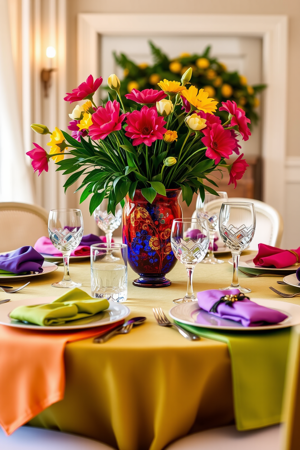 Layered table settings featuring vibrant linens create a lively and inviting atmosphere. The table is adorned with a mix of bold colors and patterns, complemented by elegant dinnerware and sparkling glassware. Fresh flowers in a colorful vase serve as a stunning centerpiece, adding a touch of nature to the decor. Soft, ambient lighting enhances the cheerful vibe, making it perfect for spring dining occasions.