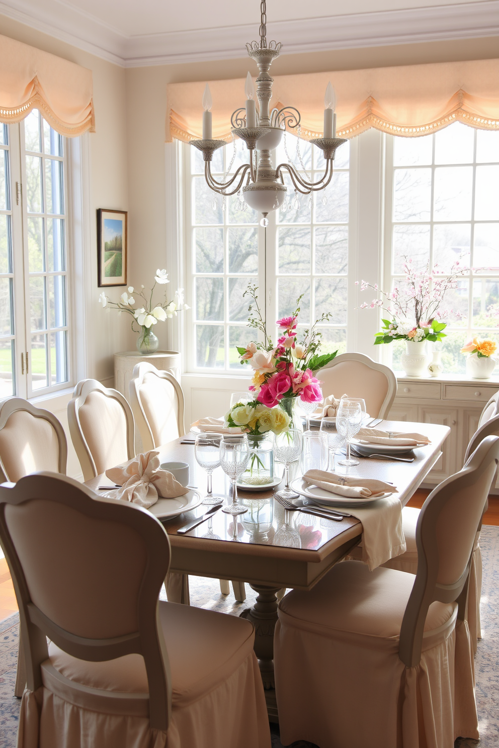 A charming dining room adorned with pastel-colored glassware that adds a touch of elegance. The table is set with delicate plates and soft linen napkins, creating a warm and inviting atmosphere. Floral centerpieces in soft hues complement the glassware, enhancing the spring theme. Large windows allow natural light to flood the space, illuminating the cheerful decor and creating a refreshing ambiance.