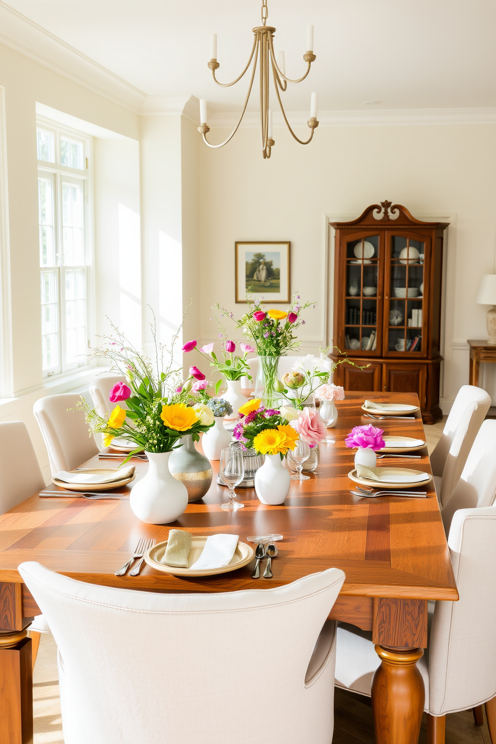 A bright and airy dining room features a large wooden table set for a spring gathering. Fresh flowers in unique vases of various shapes and sizes are artfully arranged along the table, adding vibrant colors and textures. The walls are painted in a soft pastel hue, complementing the natural light streaming through large windows. Surrounding the table are elegant chairs upholstered in light fabric, creating a welcoming atmosphere for guests.