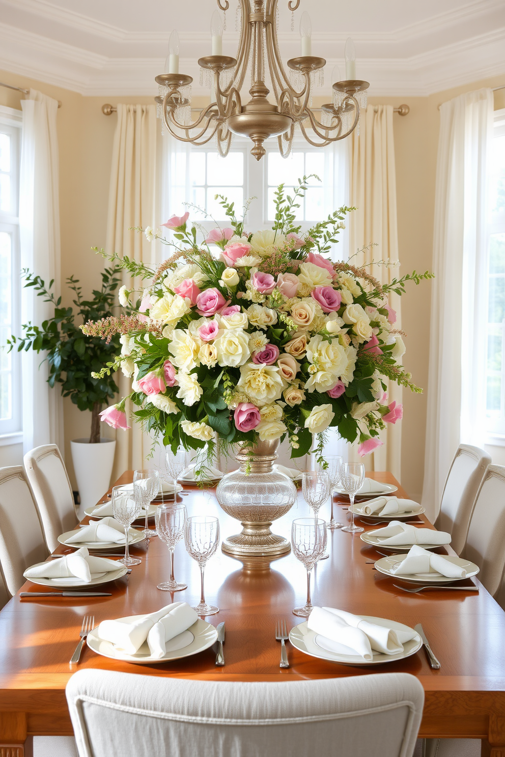 A bright and airy dining room features a large central floral arrangement overflowing with seasonal blooms in pastel colors. Surrounding the arrangement, a polished wooden dining table is set with elegant dinnerware and soft linen napkins, creating a warm and inviting atmosphere. The walls are painted in a soft cream hue, complemented by sheer curtains that allow natural light to filter through. A stylish chandelier hangs above the table, adding a touch of sophistication to the overall decor.