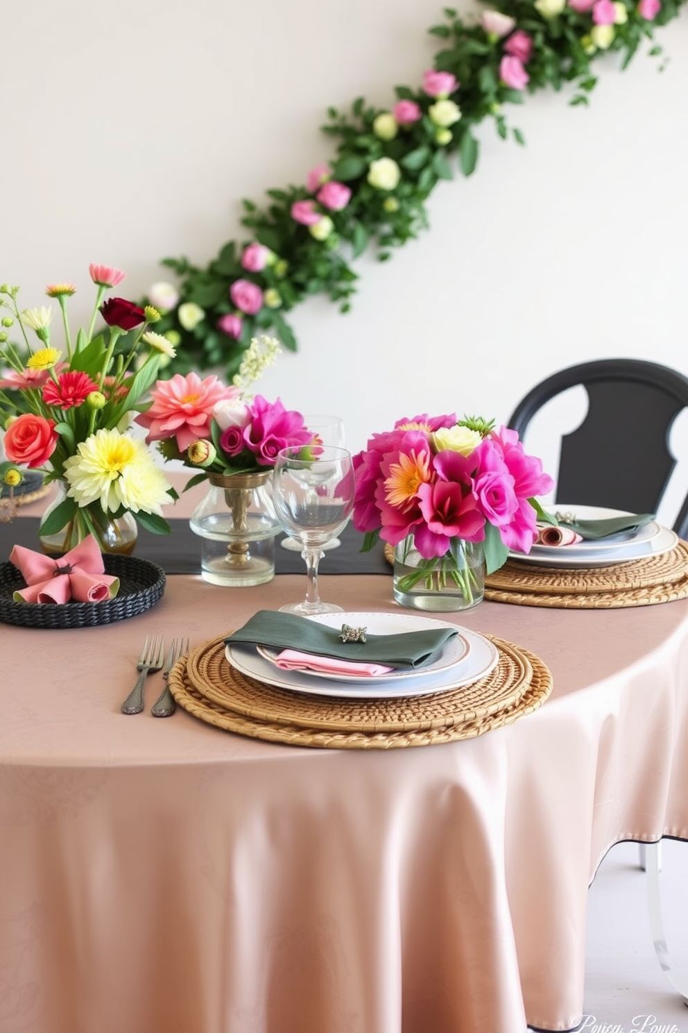 A layered table setting featuring an elegant tablecloth with a subtle floral pattern. The table is adorned with a mix of textured placemats, woven chargers, and fine china, complemented by vibrant spring-themed centerpieces.