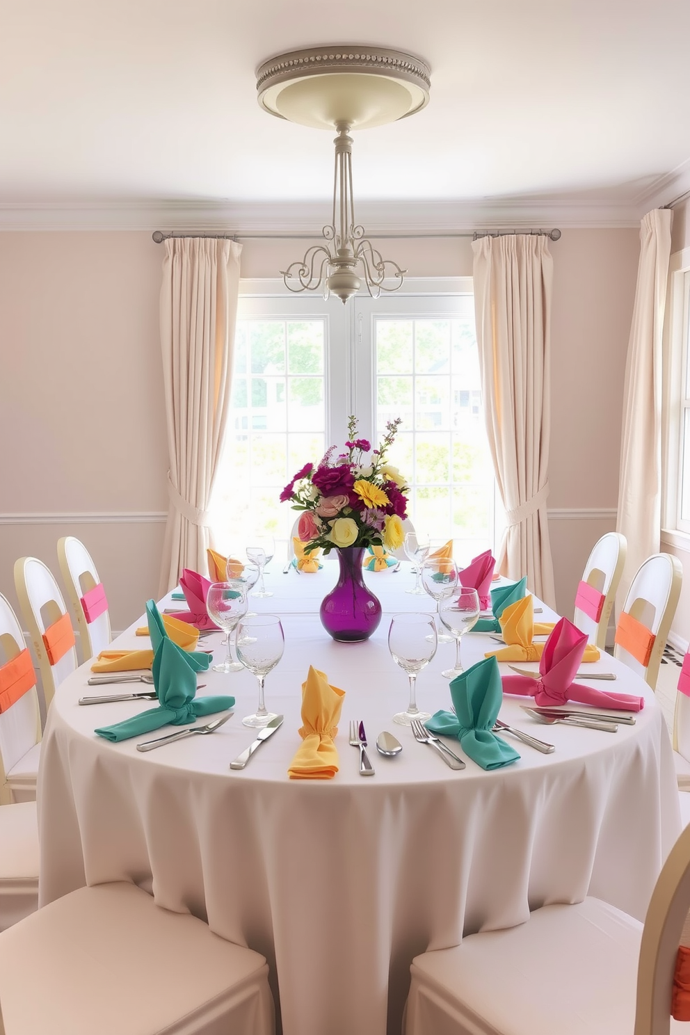 A bright and airy dining room filled with natural light. The table is set with a crisp white tablecloth and colorful napkin rings adding a pop of color to each place setting. Fresh flowers in a vibrant vase serve as the centerpiece, surrounded by elegant dinnerware. Light pastel curtains frame the windows, complementing the cheerful atmosphere of the space.