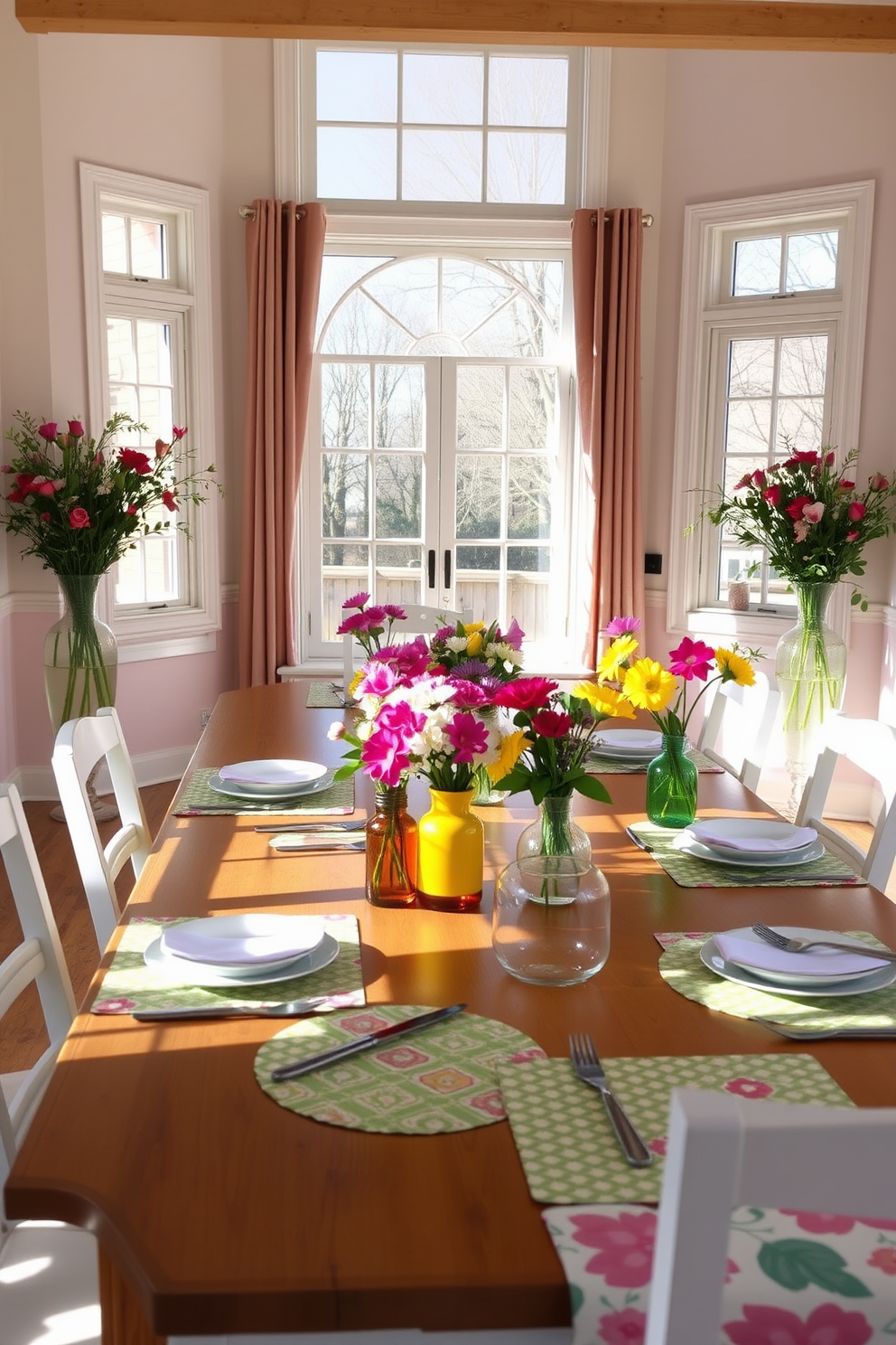 A bright and inviting dining room featuring a large wooden table set for a spring meal. The table is adorned with colorful patterned placemats that complement fresh floral arrangements in vibrant vases. Natural light streams in through large windows, illuminating the space with a warm glow. Soft pastel colors on the walls enhance the cheerful atmosphere, creating a perfect setting for gathering with loved ones.