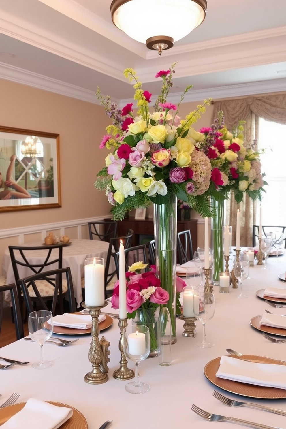 A beautifully arranged dining table features centerpieces of varying heights, creating visual interest and depth. Tall floral arrangements are complemented by shorter candles and decorative objects, enhancing the spring theme with vibrant colors and fresh greenery.