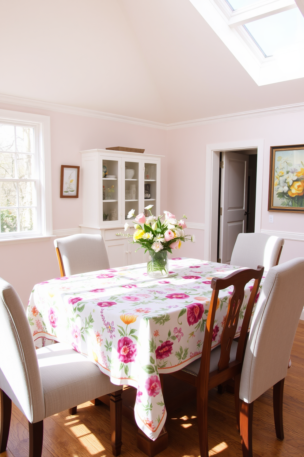 A bright and inviting dining room filled with natural light. The centerpiece is a wooden dining table surrounded by upholstered chairs, and a cheerful tablecloth with vibrant spring prints drapes over the table. On the walls, soft pastel colors create a warm atmosphere, complemented by floral artwork. A vase of fresh flowers sits in the middle of the table, adding a touch of nature to the decor.