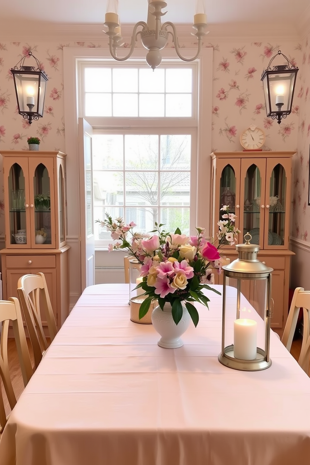 A bright and airy dining room filled with spring vibes. The table is set with a pastel-colored tablecloth and fresh flowers in a vase, creating a welcoming atmosphere. Lanterns are strategically placed around the room, casting a warm and inviting glow. The walls are adorned with light floral wallpaper, enhancing the cheerful spring theme.