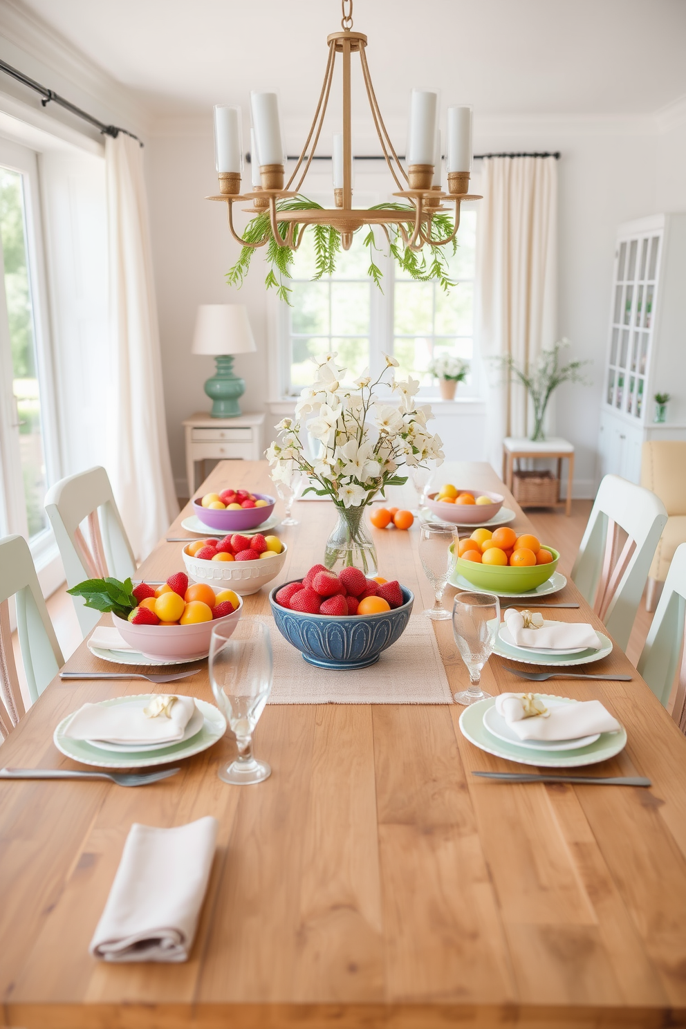 A bright and airy dining room adorned with a large wooden table set for a spring gathering. Colorful bowls filled with seasonal fruits like strawberries, oranges, and apples are placed at the center, adding a vibrant touch to the decor. Soft pastel colors dominate the space, with light green and pale pink accents in the table settings. Fresh flowers in a vase complement the fruits, creating a cheerful and inviting atmosphere for family and friends.