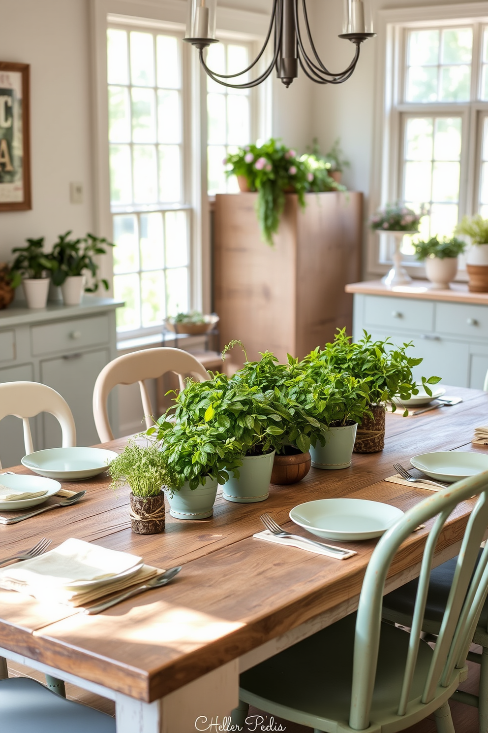 A charming dining room features a rustic wooden table adorned with potted herbs as centerpieces. The vibrant green of the herbs contrasts beautifully with the soft pastel colors of the table settings and surrounding decor. Natural light streams in through large windows, illuminating the space and highlighting the fresh, organic elements. Surrounding the table, mismatched chairs add a touch of eclectic style, enhancing the inviting atmosphere of the room.