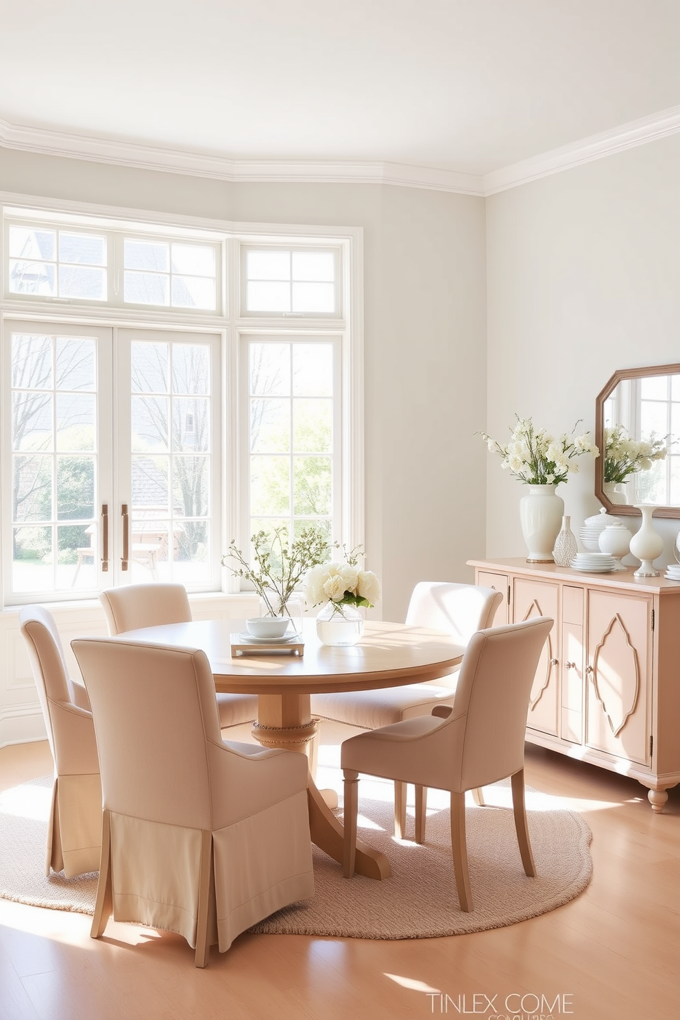 A bright and airy dining room with large windows allowing natural light to flood the space. The walls are painted in a soft pastel hue, complemented by a light wood dining table surrounded by upholstered chairs in coordinating colors. Delicate floral arrangements adorn the table, adding a fresh touch to the decor. A stylish sideboard in a matching color houses elegant dinnerware and decorative accents, enhancing the overall aesthetic of the room.