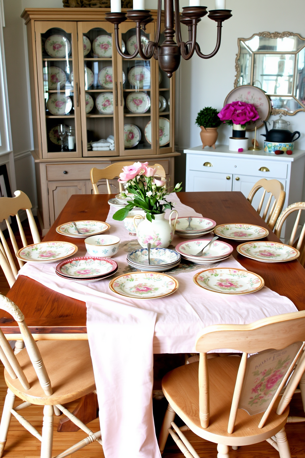 A charming spring dining room features a rustic wooden table set with an array of vintage plates displaying intricate floral patterns. Surrounding the table are mismatched chairs that add character, while a soft pastel tablecloth drapes elegantly across the surface, enhancing the cozy atmosphere.