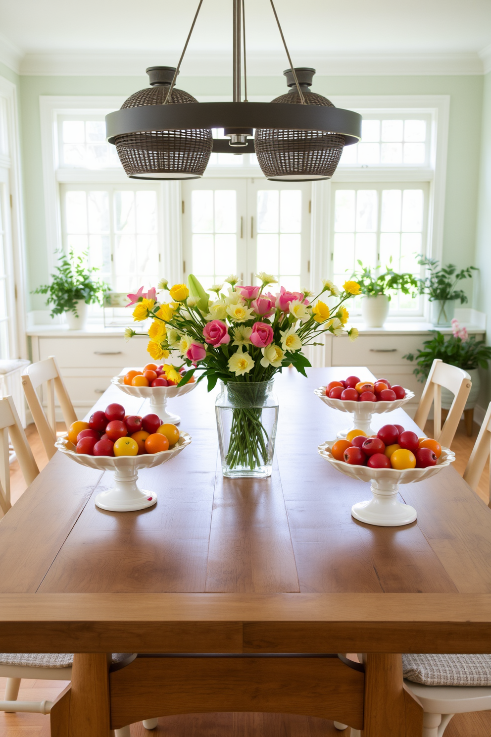 A bright and airy dining room filled with natural light. A large wooden table is set with an assortment of fresh fruits displayed in elegant bowls, adding vibrant colors to the decor. The walls are painted a soft pastel hue, complementing the light-colored furniture. Fresh flowers in a vase sit in the center of the table, enhancing the spring theme and creating a welcoming atmosphere.