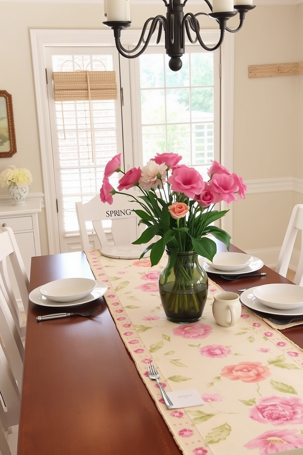 A bright and airy dining room adorned with spring-themed table runners featuring floral patterns. The table is set with pastel-colored dishes, and fresh flowers in a vase add a touch of vibrancy to the decor.