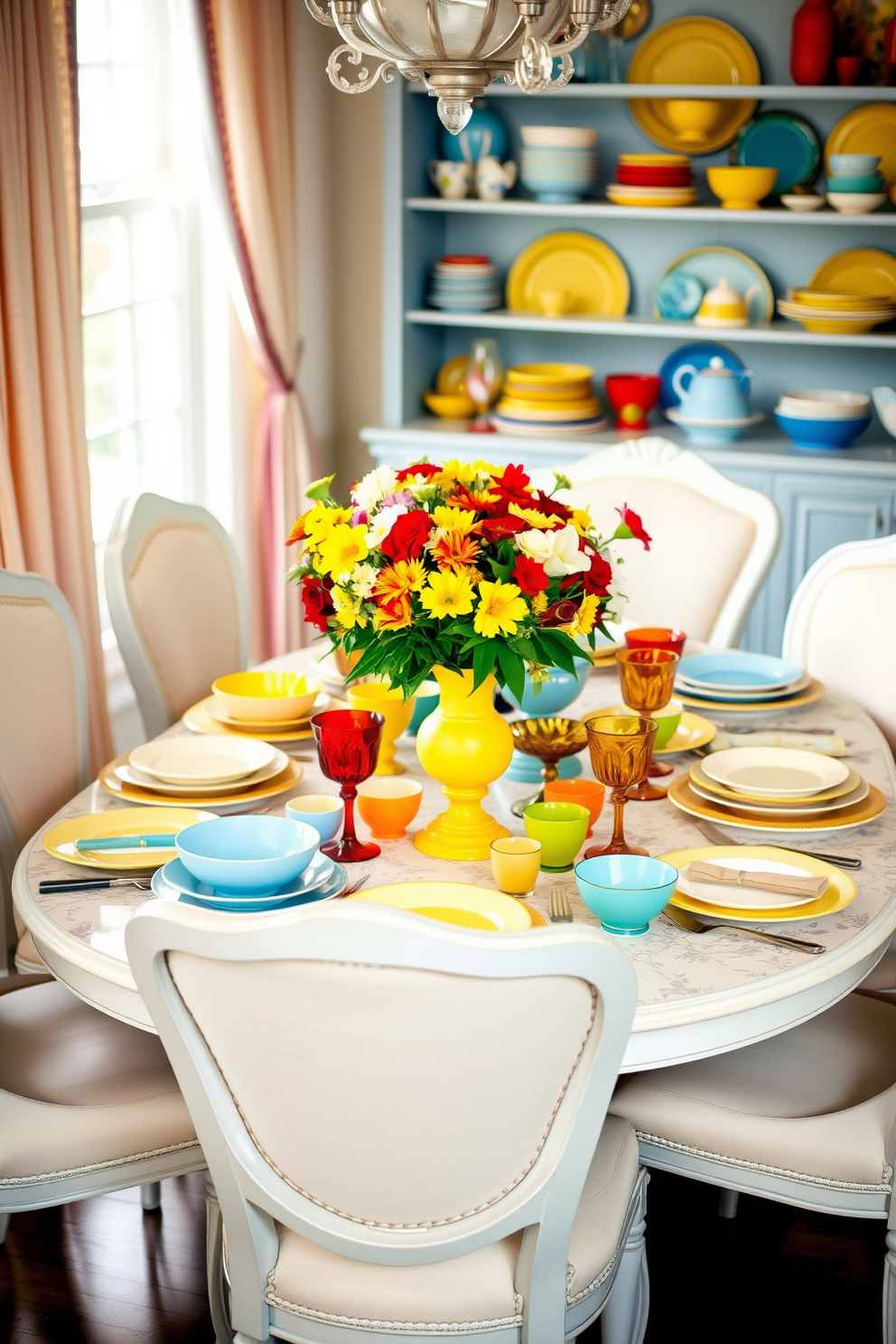 A vibrant dining room setting filled with an array of colorful dinnerware styles. The table is set with mismatched plates, bowls, and glasses in various shades of blue, yellow, and red, creating a playful and inviting atmosphere. Surrounding the table are elegant chairs upholstered in a soft pastel fabric, enhancing the cheerful vibe. Fresh flowers in a bright vase serve as a centerpiece, adding a touch of nature to the lively dining experience.