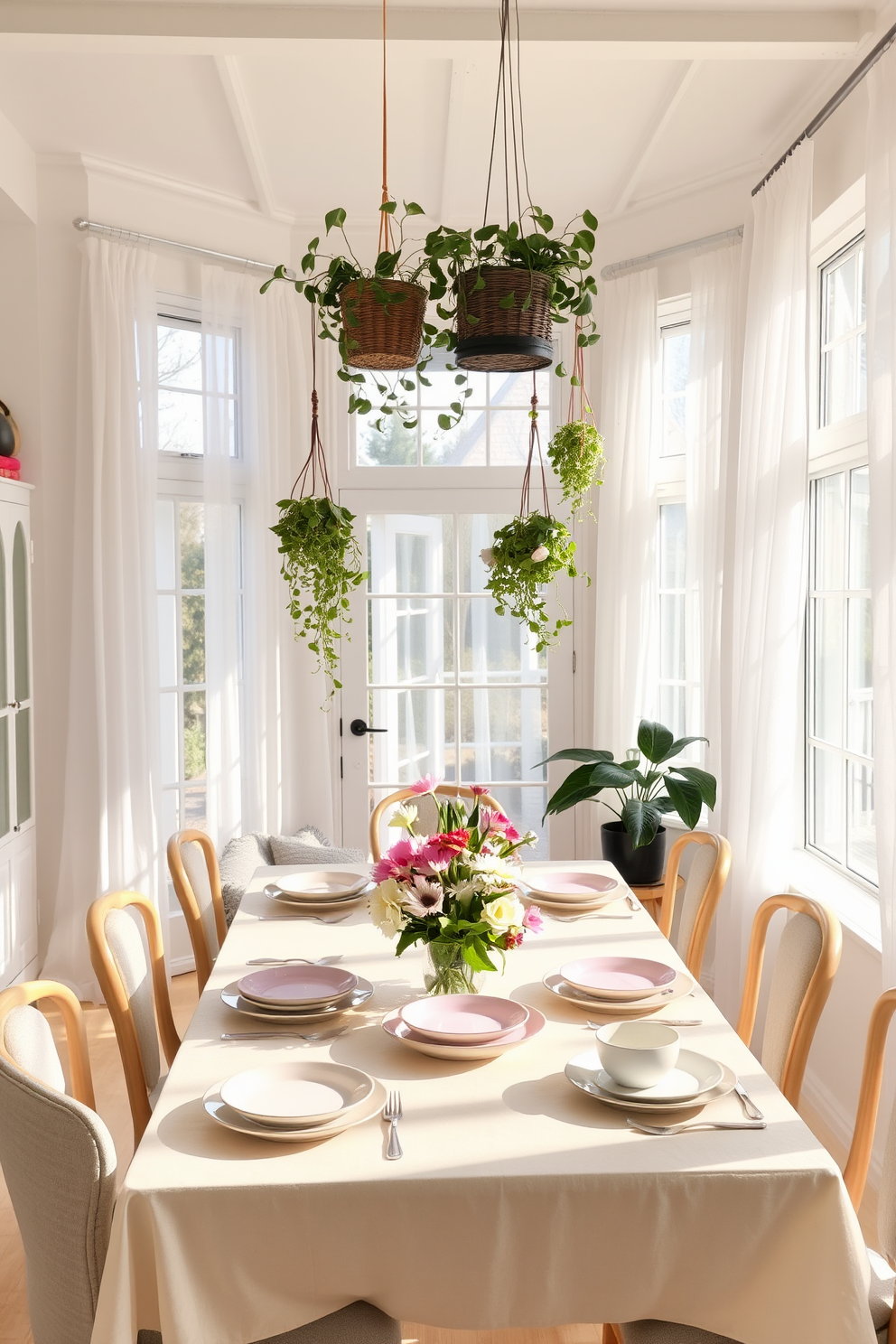 A bright and airy dining room filled with natural light. The table is set with pastel-colored dishes and a centerpiece of fresh flowers, surrounded by comfortable chairs. Hanging plants are suspended from the ceiling, adding a touch of greenery to the space. Soft, sheer curtains frame the windows, enhancing the springtime feel of the room.