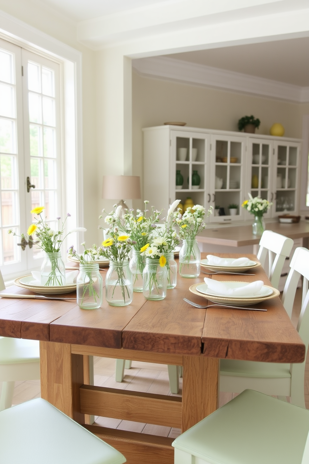 A bright and airy dining room features a rustic wooden table set for a spring gathering. The table is adorned with mason jars filled with fresh wildflowers, creating a casual yet charming centerpiece. Light pastel colors dominate the decor, with soft yellow and pale green accents throughout the space. Natural light pours in through large windows, enhancing the cheerful atmosphere of the room.