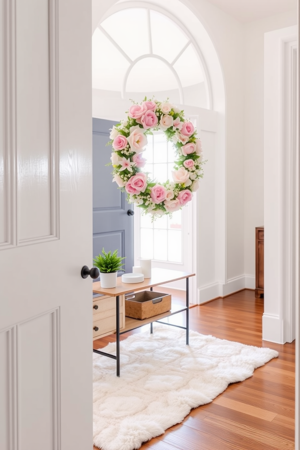 A fresh pastel wreath adorns the front door, welcoming guests with its vibrant colors and delicate floral arrangement. Inside the entryway, a soft area rug lies beneath a wooden console table, which is styled with a few decorative items and a small potted plant for a touch of greenery.