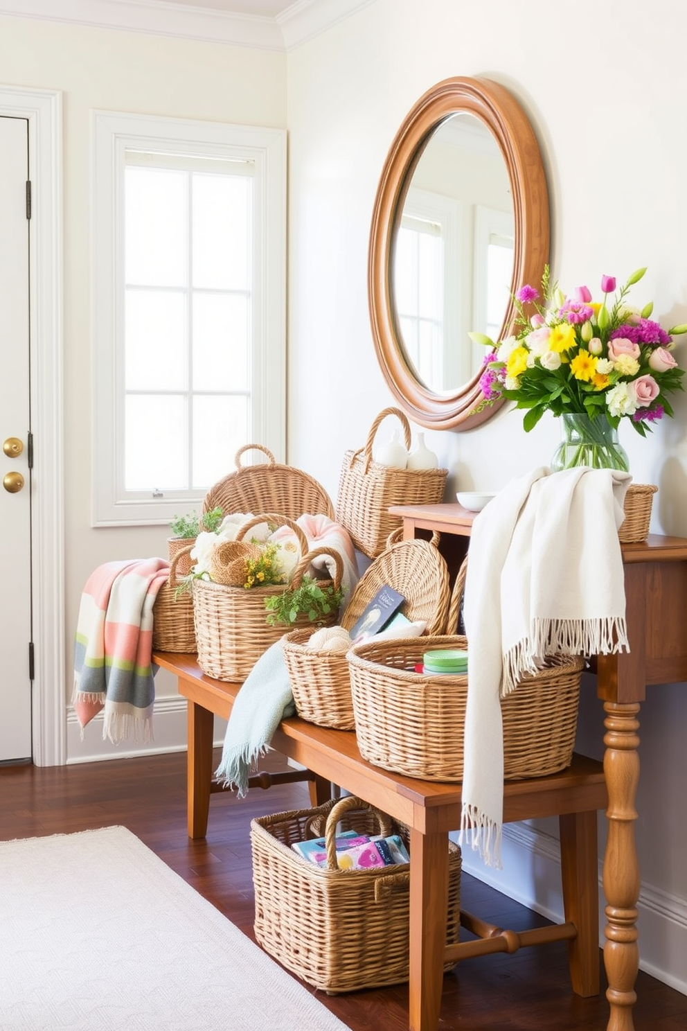 A bright and inviting entryway features a collection of decorative baskets in various sizes, artfully arranged on a wooden bench. The baskets are woven with natural fibers and filled with colorful throws and seasonal decor, creating a warm and welcoming atmosphere. Fresh spring elements adorn the space, with a vibrant floral arrangement on a nearby console table. Soft pastel colors and light fabrics enhance the cheerful ambiance, making the entryway a delightful introduction to the home.