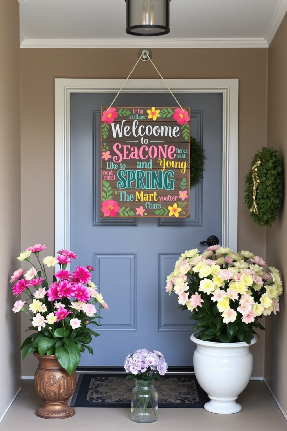 A cheerful welcome sign hangs prominently in the entryway, adorned with vibrant spring colors and seasonal quotes that evoke a sense of warmth and joy. Surrounding the sign, fresh flowers in pastel hues are arranged in decorative pots, creating an inviting atmosphere that sets the tone for the season.