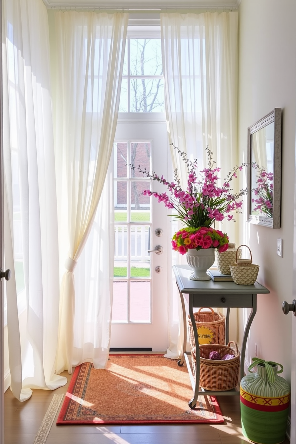 Create a bright and inviting entryway adorned with lightweight curtains that flutter gently in the breeze. The curtains should be in a soft pastel color, allowing natural light to filter through and create an airy atmosphere. Incorporate fresh spring elements such as a vibrant floral arrangement on a console table. Add a cheerful welcome mat and decorative accents like colorful baskets to enhance the seasonal theme.