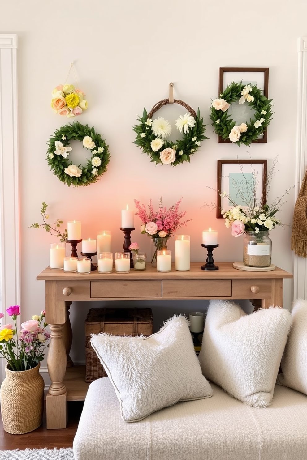 A charming entryway adorned with seasonal scent candles that create an inviting aroma. The candles are arranged on a rustic wooden console table, surrounded by fresh flowers and small decorative accents. Brightly colored spring decor elements like pastel wreaths and cheerful artwork enhance the warm atmosphere. A cozy bench with plush cushions invites guests to sit and enjoy the fragrant ambiance.