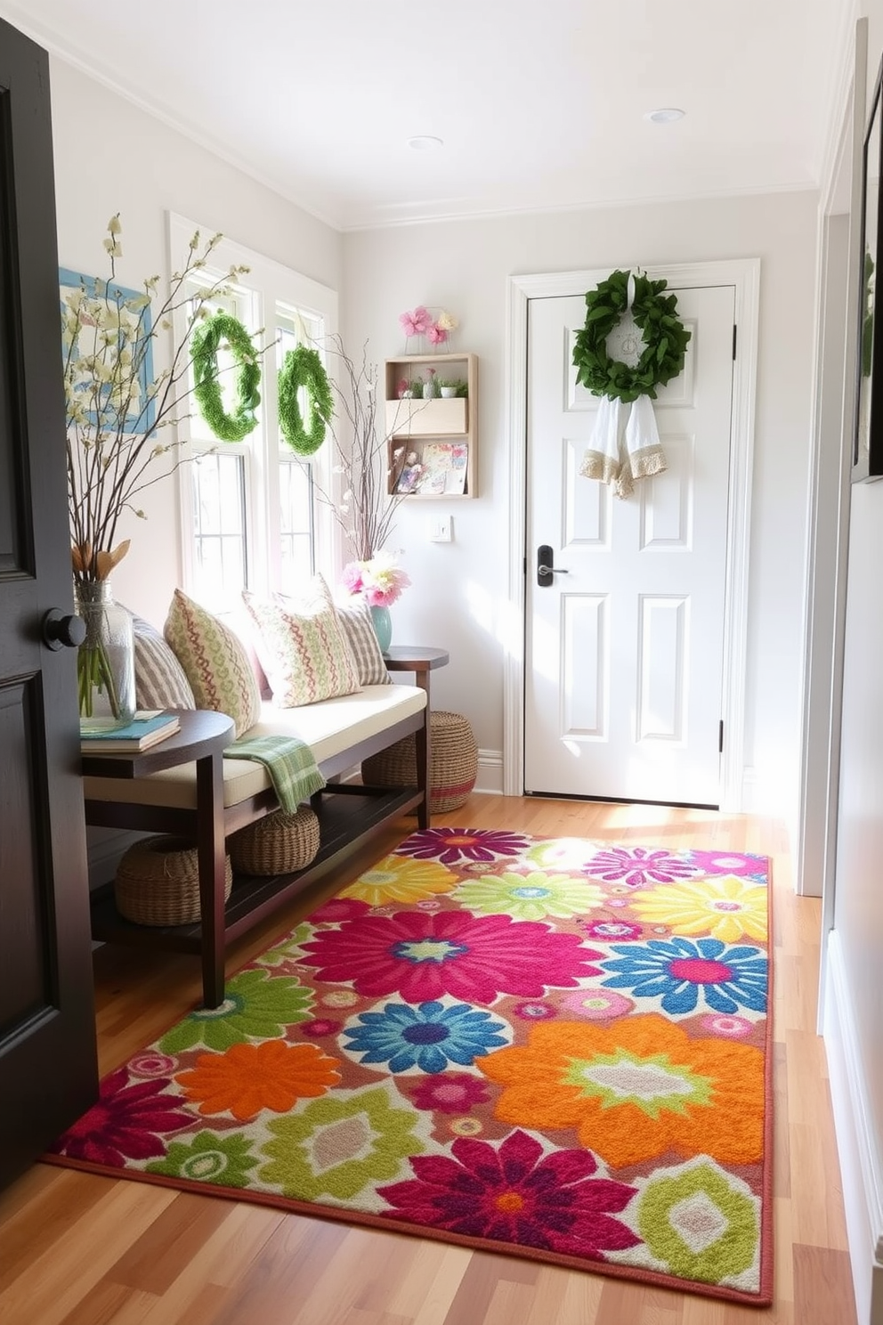 A colorful area rug with vibrant patterns sits at the center of a bright entryway. The rug complements the light wooden flooring and adds a cheerful touch to the space. Spring decorations adorn the entryway, featuring fresh flowers in a vase and pastel-colored accents. A welcoming bench with throw pillows invites guests to sit and enjoy the seasonal decor.